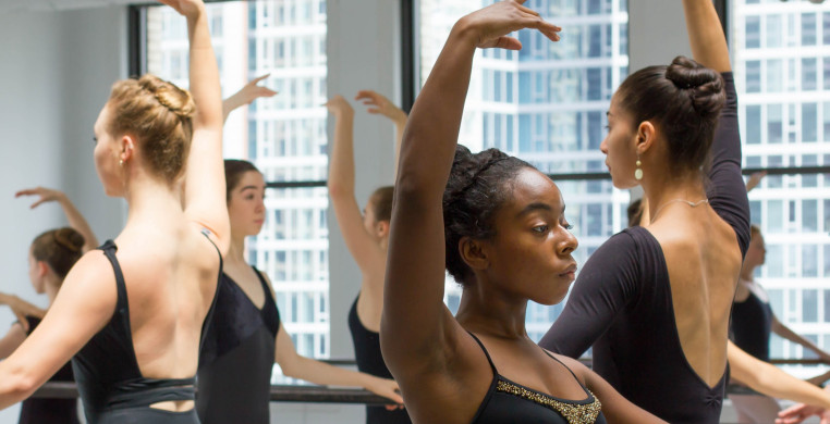 Several ballerinas are practicing at the barre, each with one arm resting on the barre and the other arm extended upward. Their bodies are aligned and focused, displaying graceful and precise ballet technique.