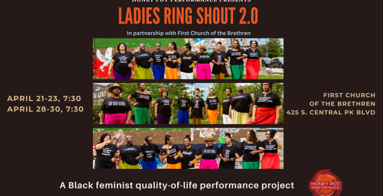 A triptych: group photos of the ensemble cast/ contributors of Ladies Ring Shout 2.0,  9 beautiful Black women representing a range of ages, complexions, & body types, standing in a garden wearing black tee shirts with quotes from the work, and each in a 