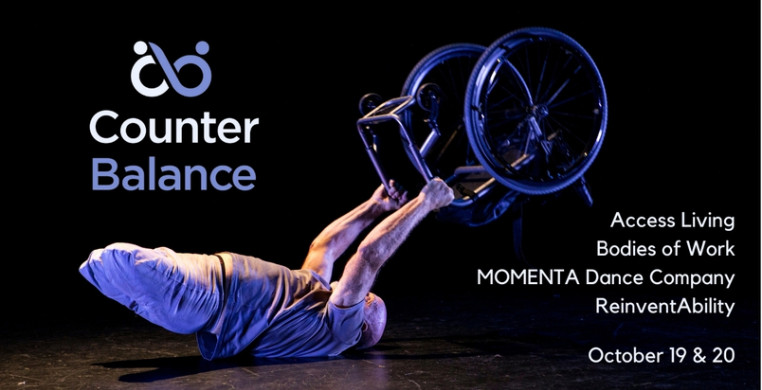 Kris, a double amputee, lies on the floor as he lifts his wheelchiar over his head.  A CounbterBalance logo in light and dark blue is on the left corner of the image.