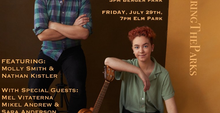 A poster of Molly and Nathan, two white queer people with a ukelele and tap shoes. Text states performance dates/locations and has the Night Out in the Parks logo