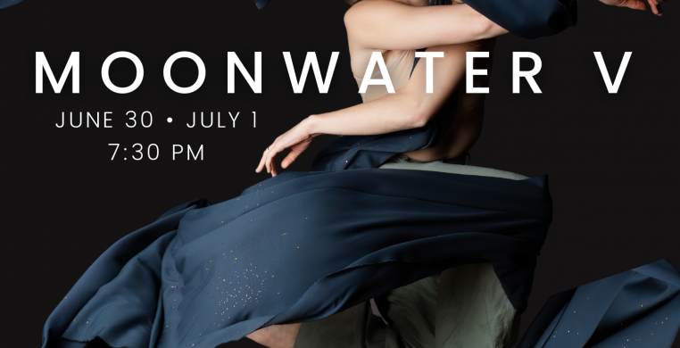 Poster for Moonwater V. A dancer is suspended in the air mid jump as a blue fabric floats around her. 