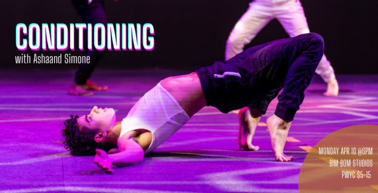 One dancer pulling themselves from the floor over their toes. Text reads "Conditioning with Ashaand Simone"