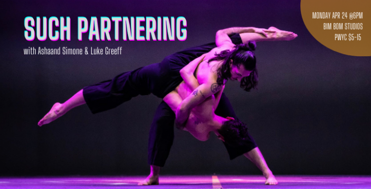 Two dancers in a lift over a purple background. Text reads "Such Partnering with Luke Greeff and Ashaand Simone"