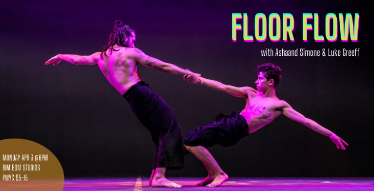 Two dancers in an assisted hinge over a purple background. Text reads "Floor Flow with Ashaand Simone and Luke Greeff"