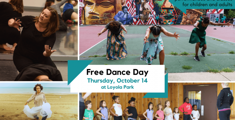 A banner comprised of multiple images of dancers of various genders, ethnicities, and styles. In a white box in the center the text reads "Free Dance Day; Thursday October 14; Loyola Park" 