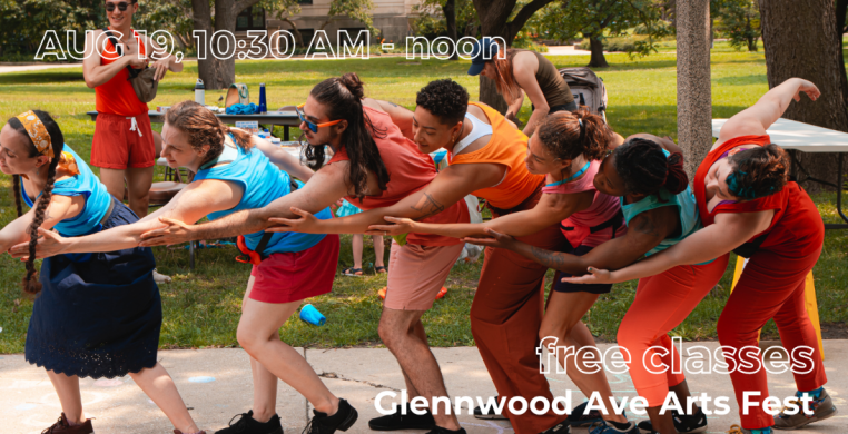 Synapse Arts dancers in colorful costumes in a linear tableaux, leaning to the side and holding each other’s elbows. Text reads: Aug 19, 10:30 am - noon, free classes, Glennwood Ave Arts Fest.