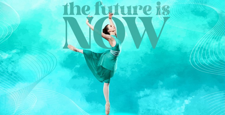 Single dancer poses in attitude back on a teal background