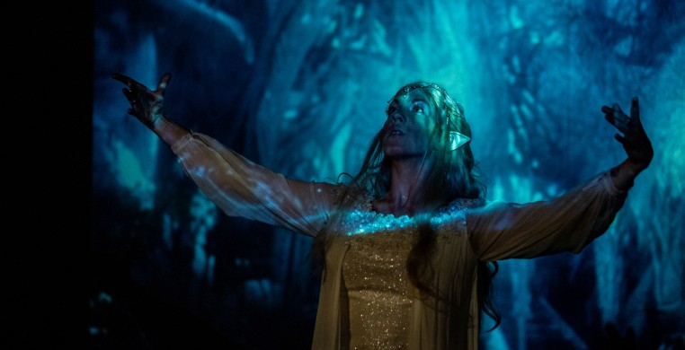 Dancer in Galadriel cosplay with video projections