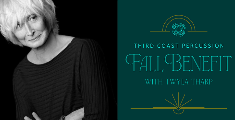 A photo of Twyla Tharp next to text reading "Third Coast Percussion Fall Benefit with Twyla Tharp"