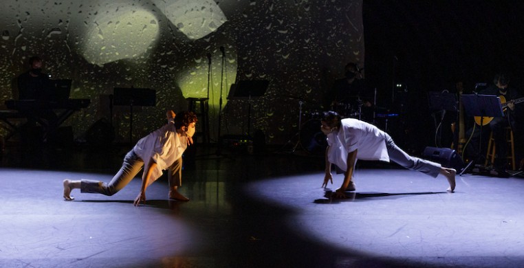 "Identity City" dancers Shelby Moran Amarantos and Jesse Hoisington with CRDT Jazz Band, costumes by Jordan Ross, lighting by Margaret Nelson, projections by Sim Carpenter; shot during Oct. 2020 livestream, photo by Fernando Rodriguez Photograpy