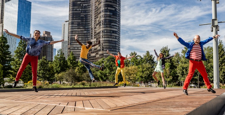 Mark Yonally (right) and members of Chicago Tap Theatre performing at the waves wall dance series this summer at Navy Pier. Photo by Philamonjaro.