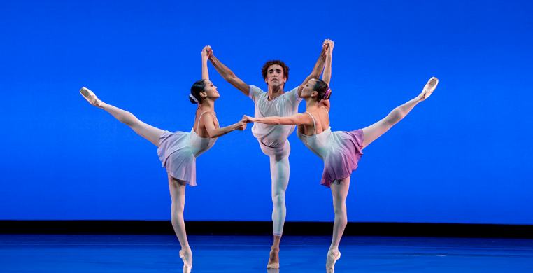 The Joffrey Ballet's Jeraldine Mendoza, Edson Barbosa and Anais Bueno in "Suite Saint-Saën"; Photo by Cheryl Mann Productions