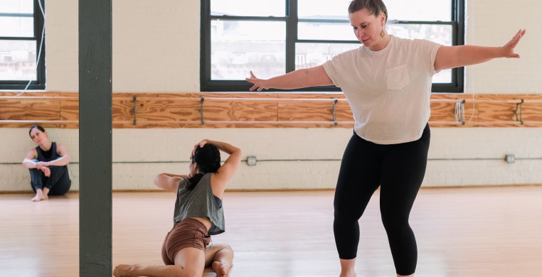 Anne Kasdorf, Ashley Chung and Leah Raffanti of The Space Movement Project in rehearsal at The Rooted Space; Photo by Lumosco