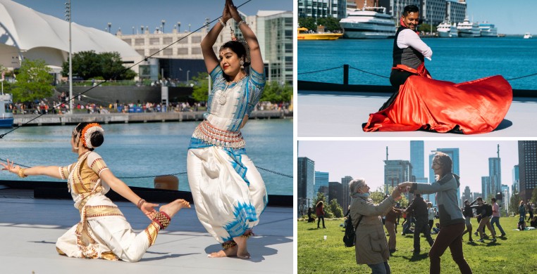 Mandala South Asian Performing Arts (left), Ensemble Español Spanish Dance Theater (top right), and audience members (bottom right) celebrate at the 2021 Chicago Dance Month Kickoff event at Navy Pier's Lake Stage. Photos by Michelle Reid.