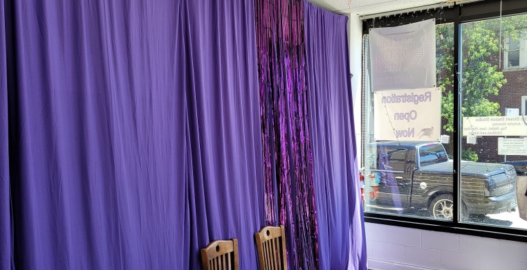 The purple curtain wall of Rhythm of the Street Dance Studio