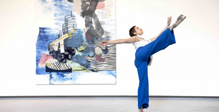 The Seldoms "Toolbox @ Twenty" Exhibit at Hyde Park Art Center. Dancer Maggie Vannucci, Painting Jackie Kazarian, pc: Ashley Deran