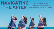 Navigating the After September 16 and 17 at 7:30pm at Dovetail Studios. Four women facing Lake Michigan and looking underneath their left elbow leaning to right dressed in different shades of purple and blue