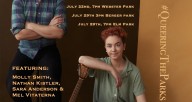 A poster of Molly and Nathan, two white queer people with a ukelele and tap shoes. Text states performance dates/locations and has the Night Out in the Parks logo