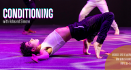One dancer pulling themselves from the floor over their toes. Text reads "Conditioning with Ashaand Simone"