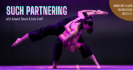 Two dancers in a lift over a purple background. Text reads "Such Partnering with Luke Greeff and Ashaand Simone"