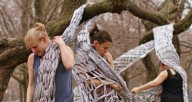 Dancers interact with tree-hung textiles in Weave Trees by Synapse Arts