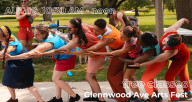 Synapse Arts dancers in colorful costumes in a linear tableaux, leaning to the side and holding each other’s elbows. Text reads: Aug 19, 10:30 am - noon, free classes, Glennwood Ave Arts Fest.